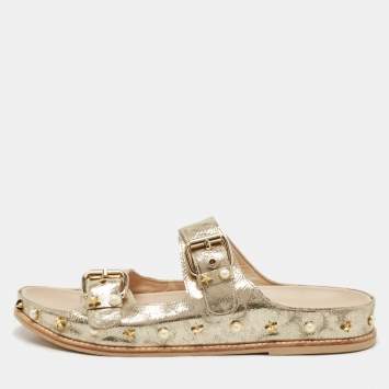 Pre Owned Stuart Weitzman Gold Texture Leather Embellished Slides Size 41