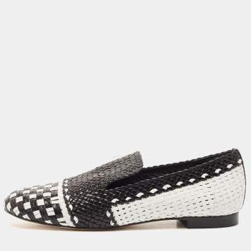 Stuart Weitzman Black/White Woven Leather Riviera Smoking Slippers Size 34.5