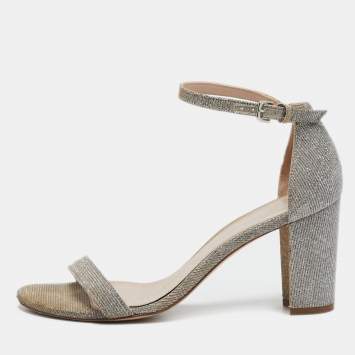 Stuart Weitzman Grey Lurex Fabric Ankle Strap Sandals Size 38.5