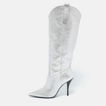 Stuart Weitzman Silver Leather Outwest Boots Size 38