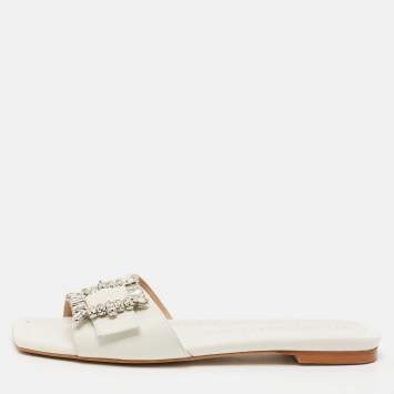 Stuart Weitzman White Leather Crystal Embellished Slide Sandals Size 37