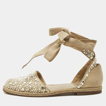 Stuart Weitzman Beige Suede Crystal Embellished Ankle Wrap Flat Espadrilles Size 41