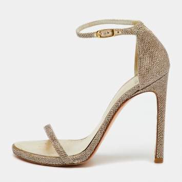Pre Owned Stuart Weitzman Gold Metallic Lurex Fabric Nudist Ankle Strap Sandals Size 36.5