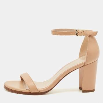 Pre Owned Stuart Weitzman Beige Leather Bambina Block Heel Ankle Strap Sandals Size 37