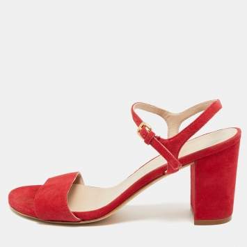Pre Owned Stuart Weitzman Red Suede Nudist Ankle Strap Sandals 38.5
