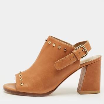 Pre Owned Stuart Weitzman Brown Leather Studded Slingback Sandals Size 36