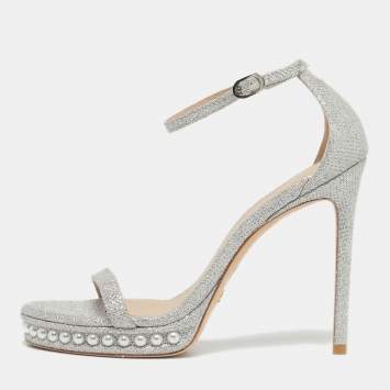 Pre Owned Stuart Weitzman Silver Glitter Nudist Ankle Strap Sandals Size 38