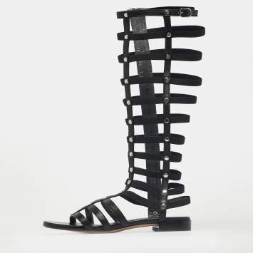 Pre Owned Stuart Weitzman Black Elastic and Leather Gladiator Flat Sandals Size 35