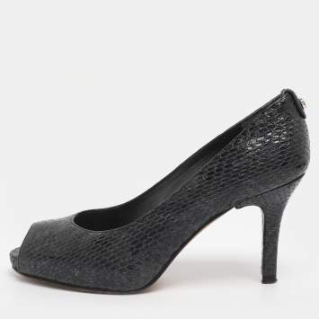 Pre Owned Stuart Weitzman Navy Blue Python Embossed Leather Peep Toe Pumps Size 36