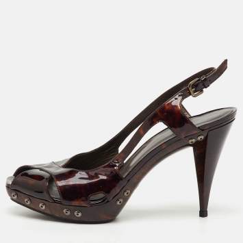 Pre Owned Stuart Weitzman Brown Tortoise Shell Patent Leather Slingback Platform Sandals Size 39.5