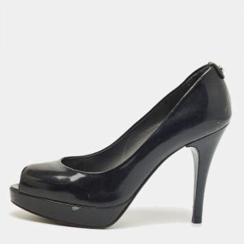 Pre Owned Stuart Weitzman Black Patent Leather Peep Toe Pumps Size 38