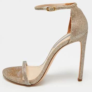 مملوكة مسبقًا Stuart Weitzman Nudist Size 41.5 Gold Metallic Lurex Fabric Ankle Strap Sandals