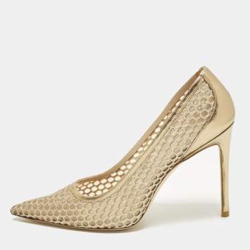 Pre Owned Stuart Weitzman Size 40.5 Gold Leather and Mesh Pointed Toe Pumps
