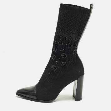 مملوكة مسبقًا Stuart Weitzman Glove Size 39.5 Black Knit Fabric and Leather Embellished Sock Hop Boots