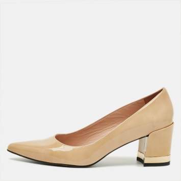 مملوكة مسبقًا Stuart Weitzman Ariana Size 36.5 Beige Patent Leather Pointed Toe Block Heel Pumps