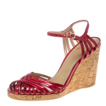 Pre Owned Stuart Weitzman Red Patent Leather Cork Wedge Ankle Strap Platform Sandals Size 38