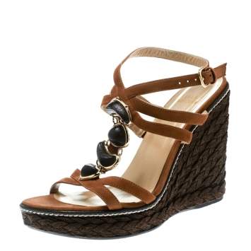 مملوكة مسبقًا Stuart Weitzman Brown Nubuck Leather Platform Wedge Ankle Strap Sandals Size 39.5