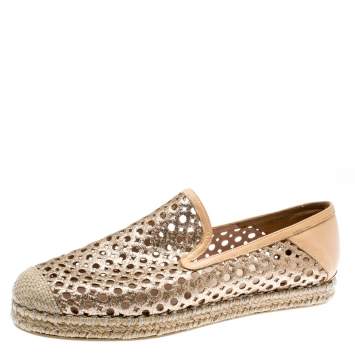 Pre Owned Stuart Weitzman Metallic Gold Glitter Laser Cut County Espadrilles Size 38