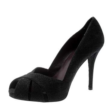 Pre Owned Stuart Weitzman Black Textured Fabric Criss Cross Open Toe Platform Pumps Size 39