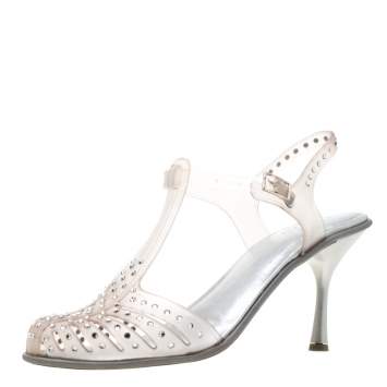 Pre Owned Stuart Weitzman Crystal Embellished Jelly T Strap Sandals Size 42