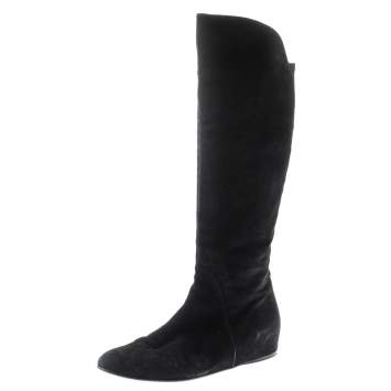 Pre Owned Stuart Weitzman Black Suede/Fabric Knee Length Boots Size 41
