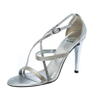 Pre Owned Stuart Weitzman Metallic Silver Crystal Embellished Sandals Size 38