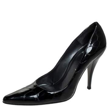 Pre Owned Stuart Weitzman Black Croc Embossed Patent Leather Pointed Toe Pumps Size 37.5