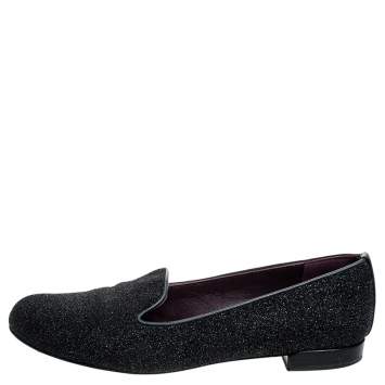 Pre Owned Stuart Weitzman Black Glitter Leather Smoking Slippers Size 37.5