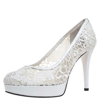 Pre Owned Stuart Weitzman White Lace Swoon Platform Pumps Size 37