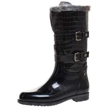 Pre Owned Stuart Weitzman Black Croc Embossed Faux Leather And Faux Fur Trim Mid Calf Boots Size 41