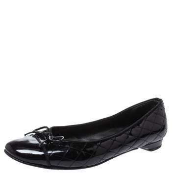 Pre Owned Stuart Weitzman Black Quilted Patent Leather Bow Ballet Flats Size 39.5 