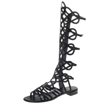 Pre Owned Stuart Weitzman Black Leather Aphrodite Gladiator Flat Sandals Size 38.5 