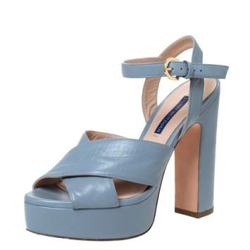 Pre Owned Stuart Weitzman Grey Leather Joni Platform Ankle Strap Sandals Size 38
