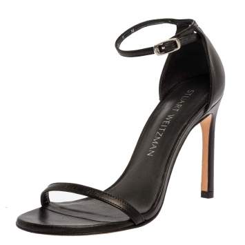Pre Owned Stuart Weitzman Black Leather Nudist Ankle Strap Sandals Size 35.5