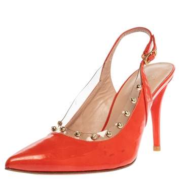 Pre Owned Stuart Weitzman Orange Patent Leather  Moonglow Slingback Pumps Siize 40.5