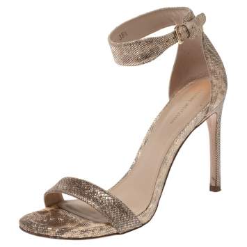 Pre Owned Stuart Weitzman Beige Shimmery Fabric Back Up Tiz Sandals Size 38.5