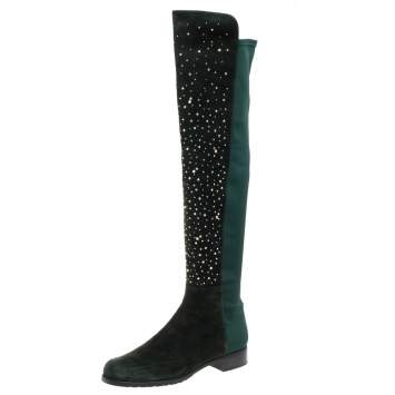 Pre Owned Stuart Weitzman Green Suede And Fabric Crystal/Stud Embellished High Boots Size 41