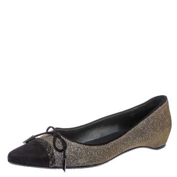 Pre Owned   Stuart Weitzman Black Glitter Fabric And Suede Bow Pointed Cap Toe Ballet Flats Size 38.5