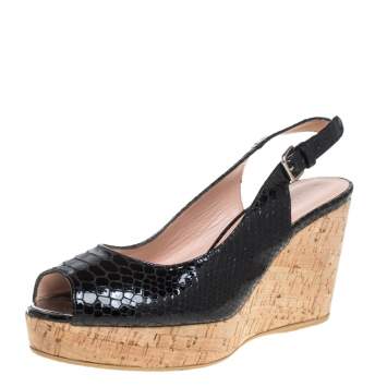 Pre Owned Stuart Weitzman Black Python Embossed Patent Leather Cork Wedge Slingback Sandals Size 38.5