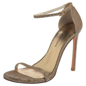 Pre Owned Stuart Weitzman Gold Glitter Fabric Nudist Sandals Size 39