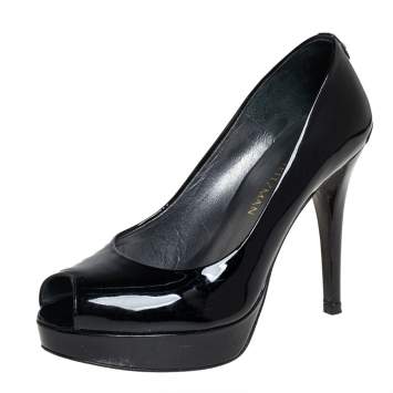 Pre Owned Stuart Weitzman Black Patent Leather Platform Peep Toe Pumps Size 36.5 