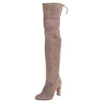 Pre Owned Stuart Weitzman Grey Suede Tie Land Over The Knee Block Heel Boots Size 36