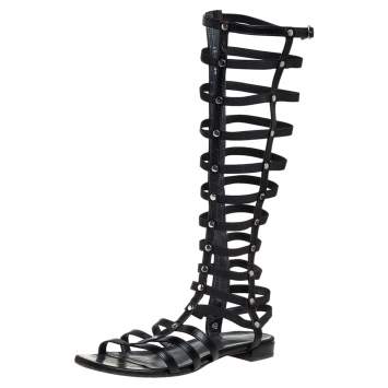 Pre Owned Stuart Weitzman Black Leather And Elastic Gladiator Flats Size 37
