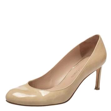 Pre Owned Stuart Weitzman Beige Patent Leather Moody Round Toe Pumps Size 39.5