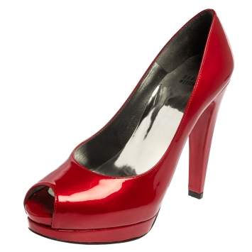 Pre Owned Stuart Weitzman Red Patent Leather Peep Toe Pumps Size 38.5