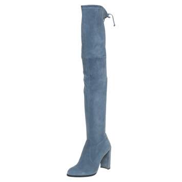 Pre Owned Stuart Weitzman Teal Blue Suede Highland Over The Knee Boots Size 38.5