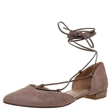 Pre Owned Stuart Weitzman Beige Suede Gilligan D'orsay Ankle Wrap Flats Size 38.5