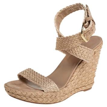 Pre Owned Stuart Weitzman Beige Braided Jute Wedge Sandals Size 41.5