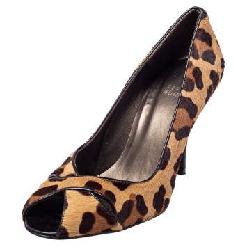 Pre Owned Stuart Weitzman Beige/Brown Leopard Print Calf Hair Peep Toe Pumps Size 39