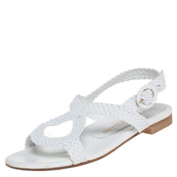 مملوكة مسبقًا Stuart Weitzman White Braided Leather Theodora Flat Sandals Size 37.5